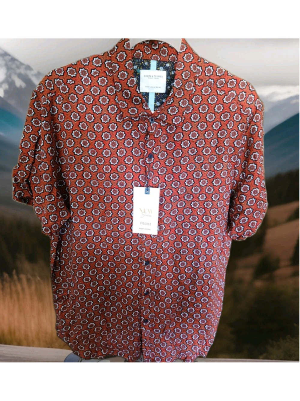 Denim & Flower Mens Shirt 100% Viscose Medium Button Down Short Sleeves NWT